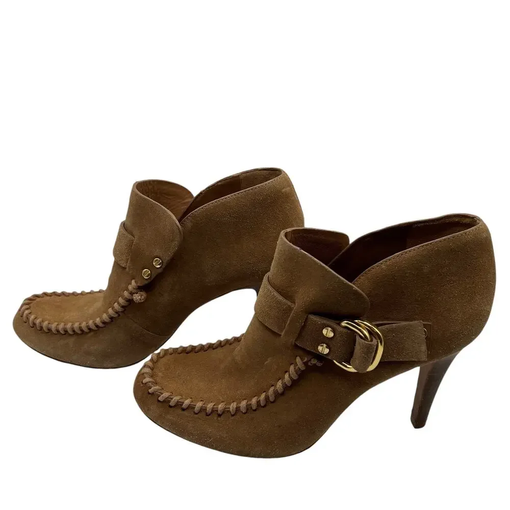 Tory Burch Womens Belen 9.5 Suede Stiletto Ankle Boots Booties Tan Camel Buckles